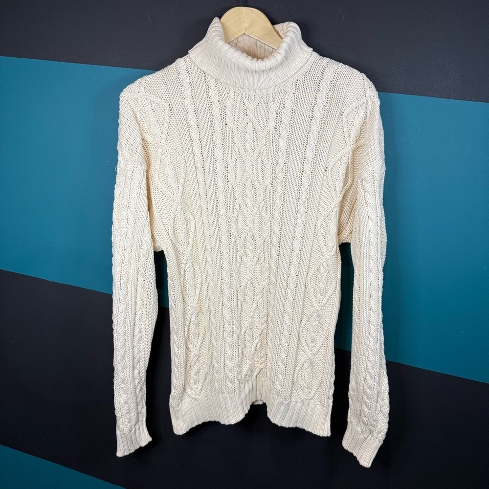 Sears vintage Cream Cable Knit Turtleneck Sweater size M 100% Cotton